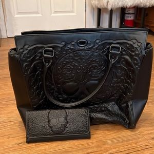 Loungefly sugar skull tote and wallet.